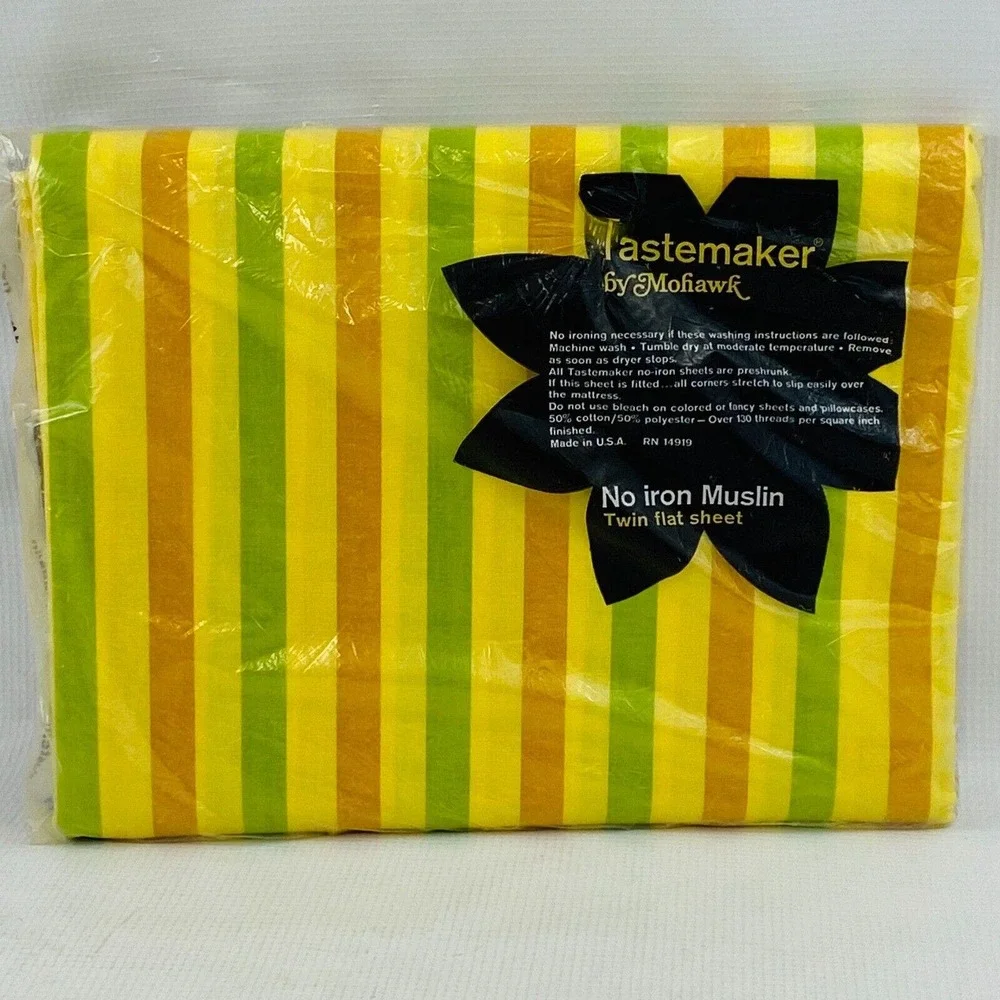 Vtg Mohawk Tastemaker Twin Flat Bed Sheet Striped Green Orange‎ Yellow Muslin